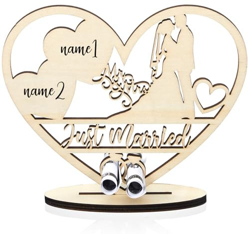 Blulu Hochzeitsgeschenk für Paar Holz Geldgeschenk zur Hochzeit Heiraten Tischdekoration mit Graviertem Liebespaar und Ringen Herz Deko zum Hochzeitstag Mr & Mrs und Just Married für Freunde Familie