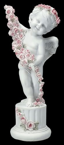 Engel Figur Putte mit Rosen auf Säule - Cherub 22,5 cm, Engelchen Deko weiß