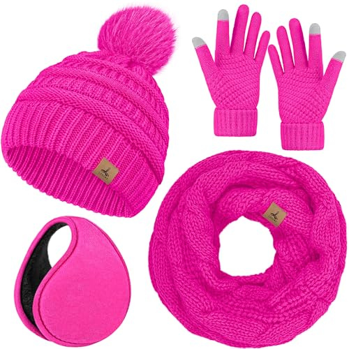 LOROME 4-teiliges Strickset für Damen, Wintermütze, Schal, Handschuhe