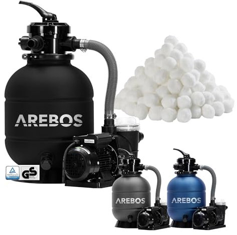 Arebos Sand Filter System with Pump incl. 700g Filter Balls | Black | 400W | 10,200 L/h | Tank Volume up to 27,5 kg Sand | 7-Way Valve with Handle | with Pressure Gauge | Pool Filter