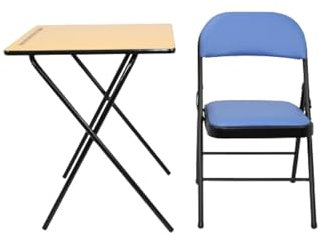 Meta Exam Folding Portable Computer Desk Study Home Office Compact Table and Foldable Chair Set with Collapsible Metal Legs & Artificial leather Seat (1, Blue Chair and Table set)