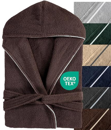 Strauss Home® Premium Bademantel Damen & Herren Frottee - Lang mit Kapuze 100% Baumwolle (400gr/m2) OEKO TEX Made in Green Größe L, XL, XXL, 3XL Braun