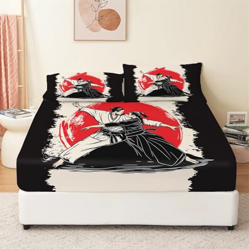 Schwarz Spannbettlaken Set 200x200 cm, Judo-Kampfkunst Im Japanischen Stil Bedrucktes Weiches Spannbetttüche, Microfaser Atmungsaktiv Bettwäsche Tiefe Tasche 30 cm mit 2 Kissenbezügen