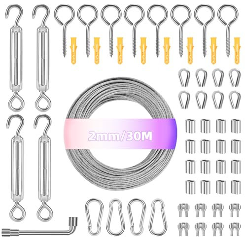 MUUKAIII 50M 3mm Drahtseil, 72 Pcs Stahlseil Kit, 304 Edelstahl Drahtseil Spanndraht, Spanndraht Seilspanner Spannschloss Edelstahl Kit, Rankhilfen für Kletterpflanzen, Gardinenseil, Wäscheleine, Zaun