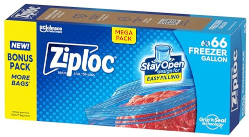 Ziploc Gallon Food Storage Freezer Bags, Open Design with Standing Bottom, Easy to Fill, 66 Bags in Total