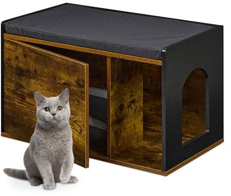 Relaxdays Meuble de Toilette pour Chat, Maison avec Assise, HLP : 45,5 x 75 x 43 cm, Cache-litière, Marron/Noir