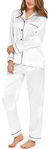 SWOMOG Women's Pyjama Set Silk Satin Long Sleeve Button Down Pyjamas Two Piece Comfy Sleepwear and Loungewear Set White
