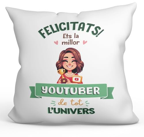 Mugffins Kissen mit Füllung mit Spruch für YOUTUBERIN Frau - Auf katalanisch - Millor Univers Trofeu - 40 x 40 cm - originelles und lustiges Geschenk Mitarbeiter
