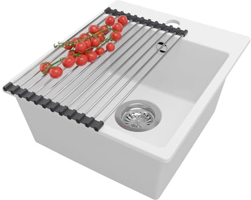 PRIMAGRAN Fregadero Cocina Blanco 38x44cm, Fregadero Granito 1 Seno + Sifón + Enrollable Escurridor, Fregadero sobre encimera al mueble 40cm - Riga Easy
