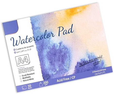 Aquarellpapierpolster, 30 Blatt 200 G Mittlere Mittelgroße Rohgral -Verdickte Design Baumwoll -Malvorlagen für Skizze (SC06-A4)
