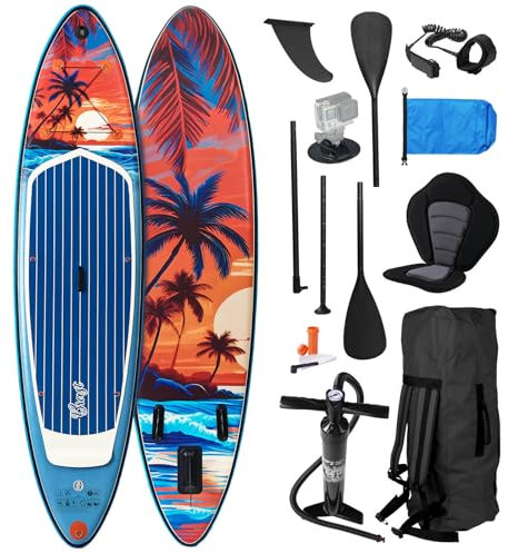 BRAST SUP Board Tropic | Aufblasbares Stand up Paddle Set | 320x81x15cm | 6 Designs | 5 Jahre Garantie | inkl. Sonderzubehör | 2in1 Paddel Kajak-Sitz Action-Cam-Halterung Fußschlaufe Pumpe Rucksack