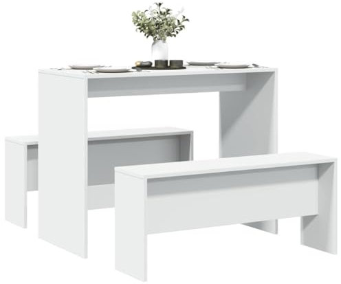 3-TLG. Essgruppe mit Bank für Küche & Esszimmer, Weißer Tisch und 2 Bänke aus Holzwerkstoff, Modernes Design, Platzsparend