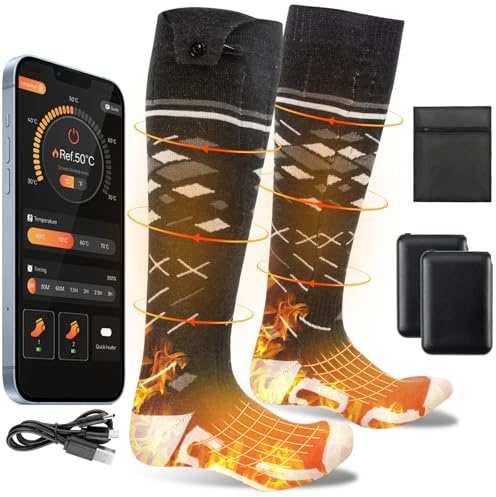 Olycism Heated Socks for Women & Men 5000mAh with App Full Sole Heated Socks Rechargeable Washable with 4 Levels Heating Settings for Winter Outdoor Camping Hunting Fishing Riding Skiing