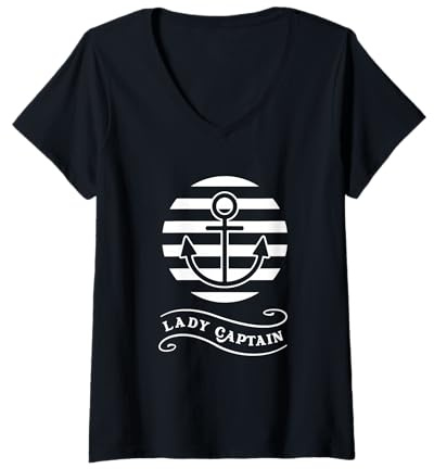 Damen Lady Captain Anchor Nautische horizontale Streifen T-Shirt mit V-Ausschnitt
