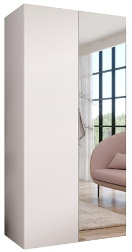 MEBLE KRYSPOL - Kleiderschrank - Garderobenschrank - 100 cm x 202 x 52 cm - Schrank mit Kleiderstange und Spiegel, 2 Türen - für Schlafzimmer, Flur - SANDI, Weiß, Griff Kaschmir