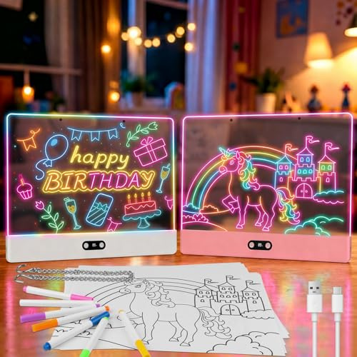 LED Zeichenbrett Kinder, Wiederaufladbar Maltafel mit Licht 35×26cm | 2 Stück LED Maltafel mit 8 Farben & 3 Lichtmodi , Kreatives Geschenk für Mädchen Teenager ab 6 Jahren Rosa/Weiß
