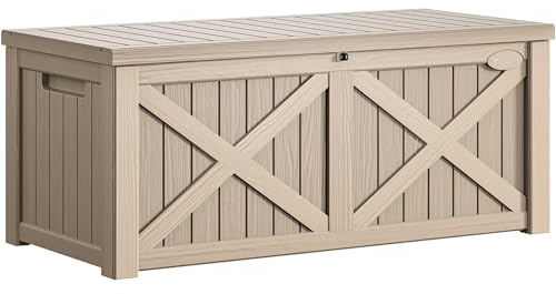 YITAHOME 450L Large Garden Outdoor Storage Box with X-Shaped Front, Waterproof Resin Deck Box Cushion Storage Bench for Patio, Pool Supplies, Garden Tools, Lockable, Taupe, 143 x 60.5 x 67cm