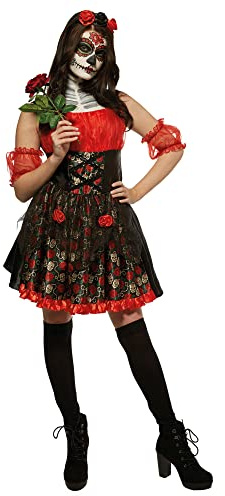 Rubies Official Day of the Dead Red Rose Ladies Costume, Adult Halloween Dress Up, Ladies Size X-Small UK 6