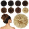 FESHFEN 100% Echthaar Haarteil Dutt Haargummi, Wellig Lockige Haarknoten Haargummi Haarverlängerungen Hochsteckfrisuren Echthaar Haarteil für Damen Mädchen Hellblond
