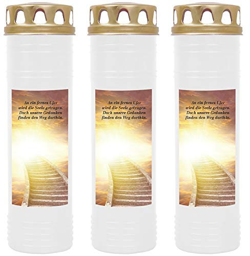 HScandle Grabkerze - 3er Pack - (Weiß) Grablicht ca. 7 Tage Brenndauer je Kerze - Motiv: Treppe