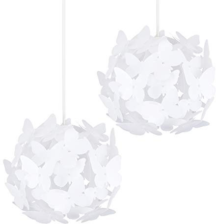 MiniSun | Pair of Modern Globe Design Ceiling Pendant Light Shades with Decorative White Butterflies | Shades & Home Improvements Essential | 315mm Shade Width