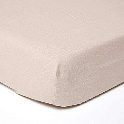 HOMESCAPES Luxury Soft Linen Extra Deep Fitted Sheet Plain Natural Textured Linen Sheet Natural French Flax Fibre Linen & Pure 100% Cotton Blend Cream, Single Size (46 cm Deep)