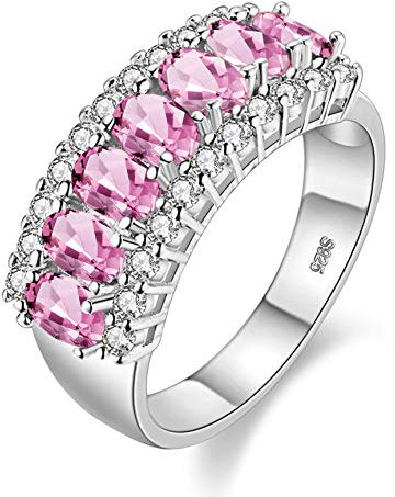 Uloveido 7-Steine Geburtssteinring, Oval geschliffener Rosa Kristall Hochzeitsring Jubiläums Party Ballring für Damen J501 (Platin, Rosa, Größe 19)