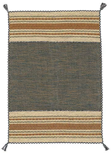 carpetfine Flachgewebeteppich Kelim Azizi Grün 140x200 cm | Moderner Teppich für Wohn- und Schlafzimmer