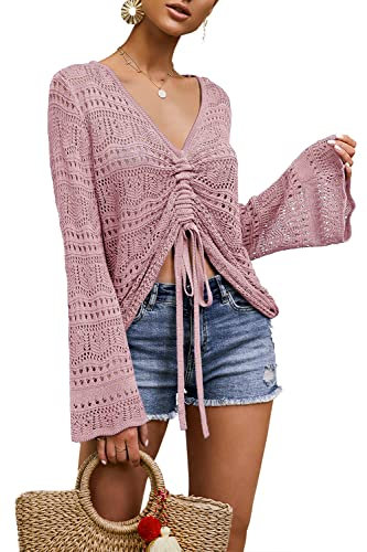 Saodimallsu Femmes Oversize Col V Chemises Flowy Crochet Bell Manches Boho Tops Sexy Cravate Avant Ruché À Volants Top Blouse Rose