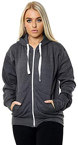 Ladies Plain Zip Up Hoodie Women Fleece Hooded Top UK Size 8 to 14 (Charcoal, x_l)