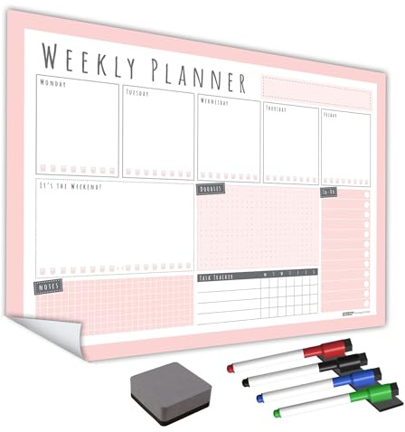 The Magnet Shop WallTAC Wochenplaner-Whiteboard-Aufkleber für die Wand, hergestellt in Großbritannien, leicht zu entfernender, trocken abwischbarer Kalender (Blush, A3 – WP2)