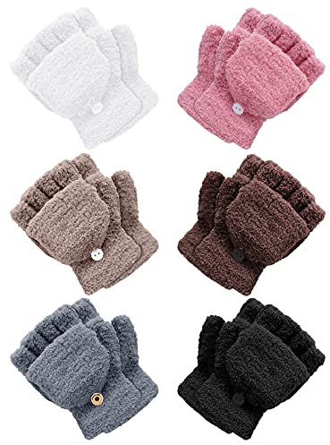 Geyoga 6 Paar Kinder Fingerlose Handschuhe Winter Handschuhe mit Klappe Gestrickte Klappdeckel Handschuhe Klappbare Warme Handschuhe für Kleinkinder Jungen Mädchen (Mehrfarbig, 5-10 Jahre)