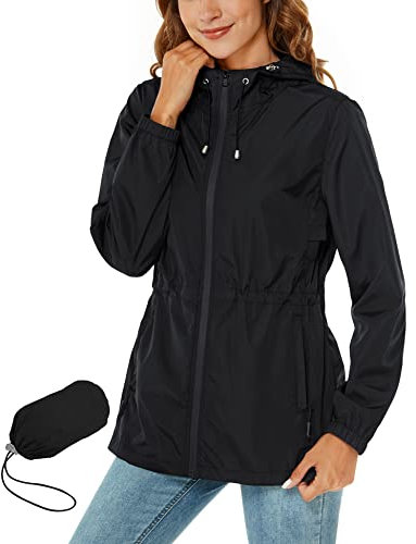 Rapbin Giacca impermeabile da donna, impermeabile, traspirante, leggera, per attività all'aria aperta, impermeabile, con cappuccio, giacca a vento, Nero , XXL