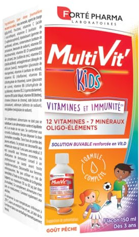 Forté Pharma - Multivit' Kids Défenses | Sirop Enfants MultiVitamines - Goût Pêche - Vitamines Enfants et Immunité - Dès 5 ans | 12 Vitamines et 7 Minéraux - Renforcé en Vitamine D | Flacon 150 ml