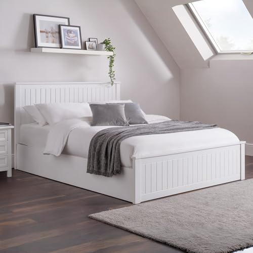Julian Bowen Maine Ottoman Bed - Surf White Painted Beds | New England Bed Frame, 135cm/4ft6, No Box Spring Needed, Easy-Lift Storage, Traditional High Headboard, Low Footboard