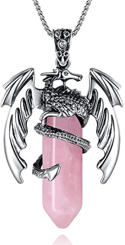 XIANNVXI Dragon Necklace Pink Rose Quartz Necklace Crystal Healing Gemstone Pendant Reiki Spiritual Jewellery