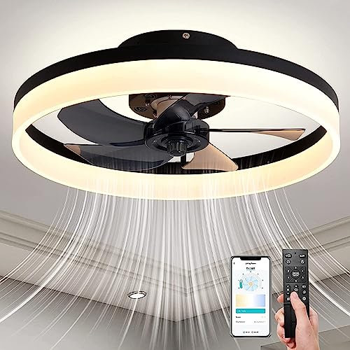 PIPRE 20 Modern Ceiling Fans with Lights and Remote, Dimmable Low Profile Ceiling Fans with,Smart 3 Light Color Change and 6 Speeds - Black