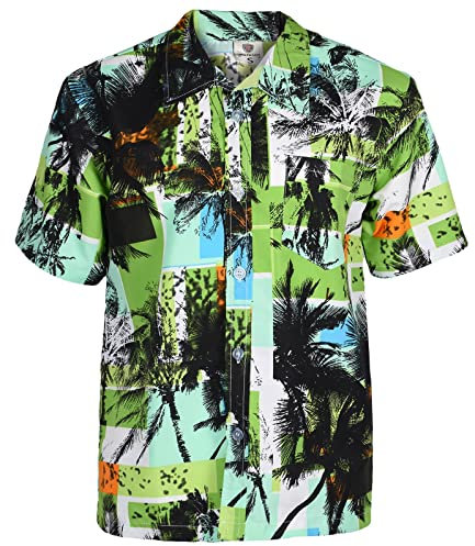 True Face Mens Hawaiian Shirt Funky Short Sleeve Fancy Printed Hawaii Top Casual Wear Green - A2 S