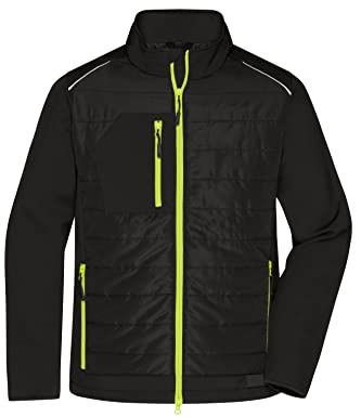 James & Nicholson Herren Softshell Hybridjacke - Softshelljacke im Materialmix mit gesteppten Einsätzen und Stehkragen | Farbe: black/neon-yellow | Grösse: XXL