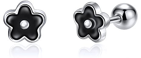 JSGEMSLEE Hypoallergene Blumen Ohrringe Sterling Silber 925 mit Schraubverschluss Kleine Schwarze Ohrstecker Silber 925 für Damen Tragus Knorpel Schmuck