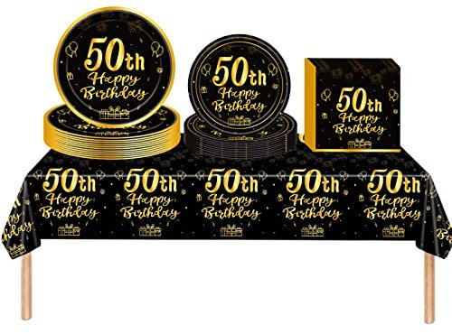 53Pcs Black Gold Happy 50th Birthday Party Tableware Plastic Table Cloth,7,9inch Paper Plates,Napkins for Man Birthday Table Decorations Disposable Party Tableware Set for Him Men Birthday Party