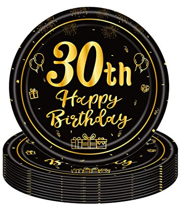 COSORO 16Pcs Black Gold 30th Birthday Paper Plates 7'',Birthday Tableware Party Plate Disposable,Happy Table Decorations Gifts for Women,Men,Ladies,Him,Her Décor