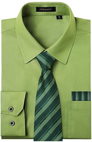 HISDERN Camisa Hombre Verde Claro Manga Larga Formal Camisas y Corbata Elegante Camisa de Vestir de Negocios Boda con Bolsillo Regular Fit L