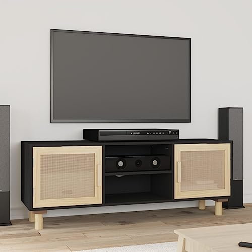 Tidyard TV Schrank mit 4 Fächern Lowboard TV Möbel Sideboard Fernsehtisch Fernsehschrank HiFi-Schrank Schwarz 105x30x40 cm Massivholz Kiefer Natur-Rattan