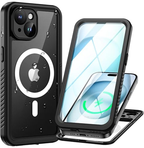 Lanhiem für iPhone 15 Hülle, IP68 Wasserdicht [Kompatibel mit Magsafe] Handyhülle iPhone 15 Magnetisch Case 360 Grad Panzerhülle Outdoor Stoßfest Schutzhülle Magnet Cover mit Displayschutz, Schwarz
