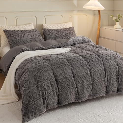 Levoo Flauschiger Bettbezug, Queen-Size-Größe, ultraweich, flauschig, Bettbezug, 3-teilig, zotteliges Bettwäsche-Set, beinhaltet 1 Kunstfell-Bettbezug + 2 Fell-Kissenbezüge, keine Bettdecke (Queen,