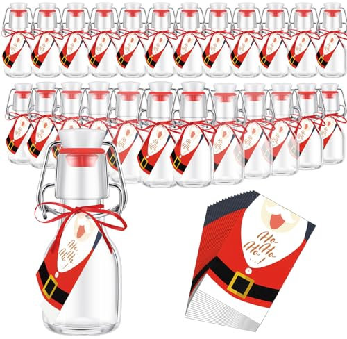 Suclain 24 Pack Christmas Mini Swing Top Glass Bottles 2 oz Storage Bottles Flip Top Mini Bottles with Christmas Cards and Red Strings for Xmas Holiday DIY Crafts Vanilla Oil Party Favors Decorations