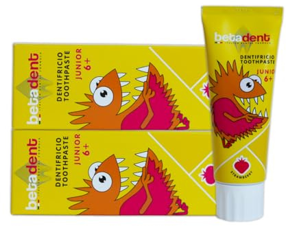 Betadent Set mit 2 Zähnen Junior 6+ Erdbeere für Kinder ab 6 Jahren. Natürliche Formulierung, Anti-Plaque und gegen Zahnverfall. Ausgewogene Dosierung von Fluorsalzen bei einer Konzentration von 950