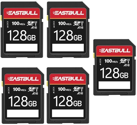 EASTBULL 5-Pack SD Card 128GB U3 V30 SDXC Memory Cards Bulk with 5 Cases | 100MB/s SD Card 128G Class 10 Full HD Video Cards for Camera (5-Pack)