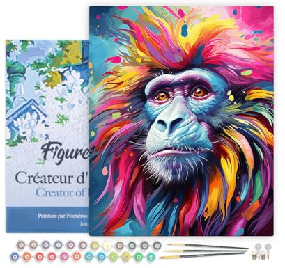 Figured'Art Peinture par Numéro Adulte avec Cadre Babouin Coloré Abstrait - Activité Manuelle Kit de Loisir Créatif DIY Numéro d'Art Complet Animaux - 40x50cm toile tendue sur châssis